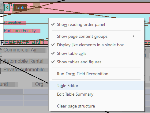 Table Editor sub-menu