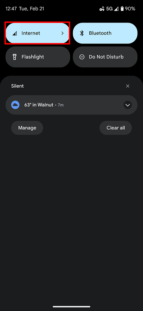 Android screen with the quick settings menu open