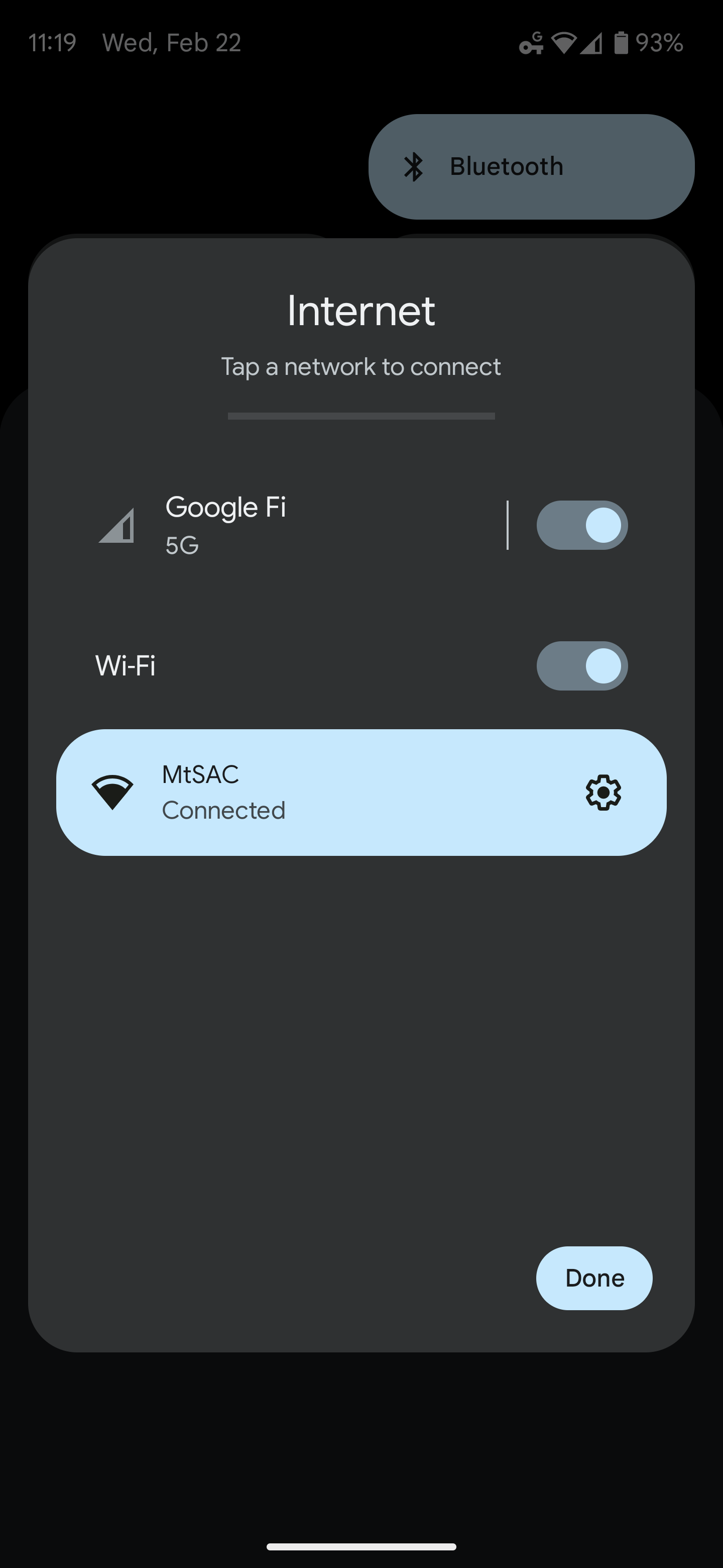 Android screen with the MtSAC network shown as connected