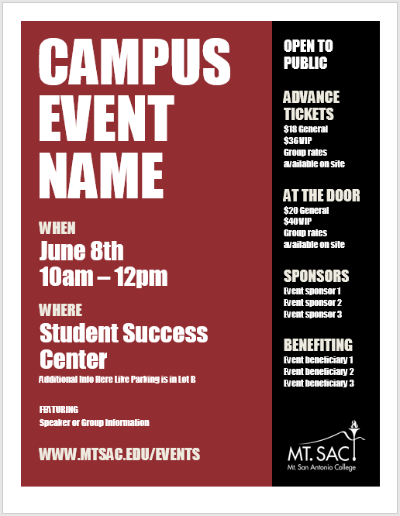 A screenshot of a flyer with bold maroon and black colorblocking