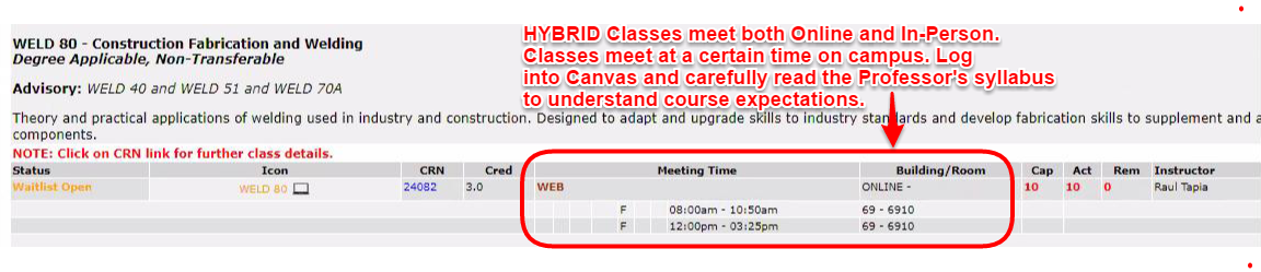 Image 2: Hybrid classes meet both online and in-person. The Building/Room will show ONLINE as well as a location. The Meeting Time will show a set date/time as well as WEB.